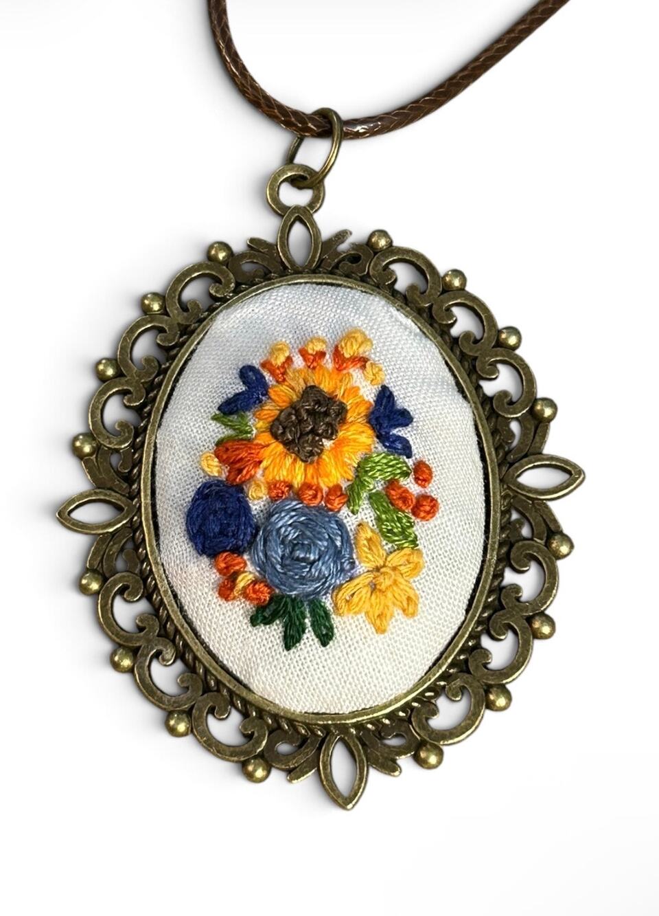 Handmade Blue Rose and Sunflower Embroidery Necklace